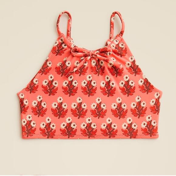 Crewcuts by J.Crew Bow Tie Swimwear Top Girls 10 Pink Red Floral Halter Pullover - Picture 1 of 8